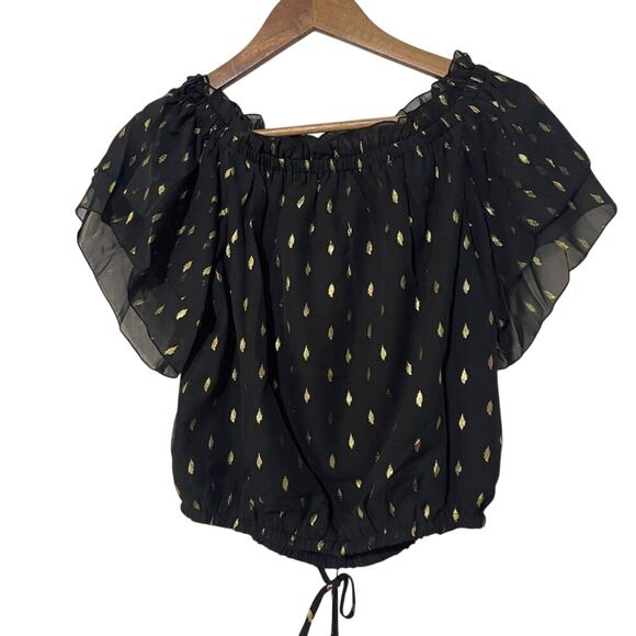 INC XS NWT Black Foil-Print Tiered Top | Off-Shoulder Chic - Picture 3 of 13